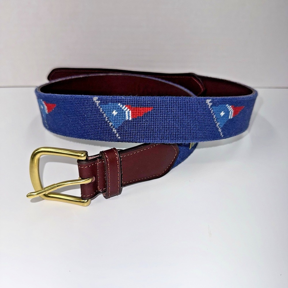 Harding Lane Nautical Flag Needlepoint Belt Sz 33 Leather Brass Buckle Handmade